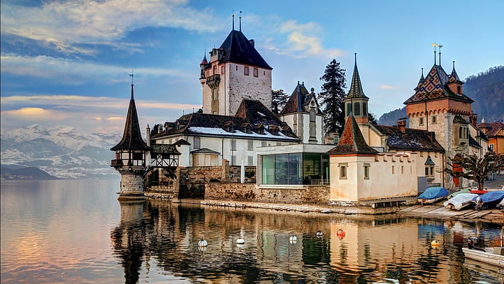 architecture old building castle tower nature trees lake thun switzerland water mountain alps clouds boat reflection, HD wallpaper