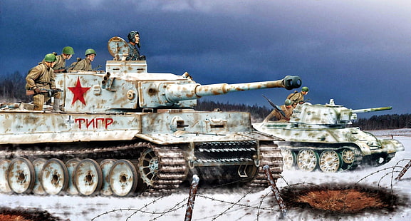 arte, tanque, soldados, tigre, promedio, T-34/76, PzKpfw VI, pesado, el ejército rojo, petrolero, Fondo de pantalla HD HD wallpaper