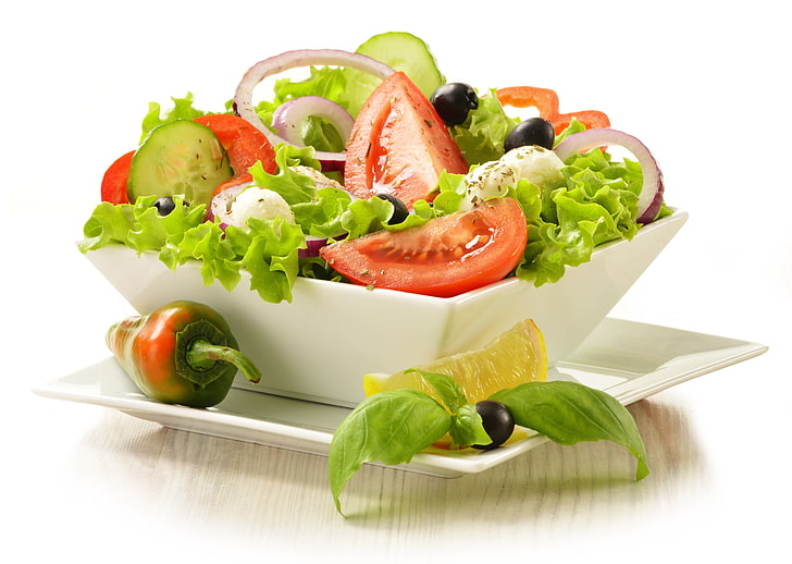 bowl of vegetable salad, greens, vegetables, lettuce, vegetable salad, green salad, HD wallpaper