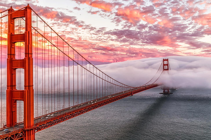 ゴールデンゲート、カリフォルニア、ゴールデンゲートブリッジ、橋、建築、雲、海、夕日、サンフランシスコ、カリフォルニア、 HDデスクトップの壁紙