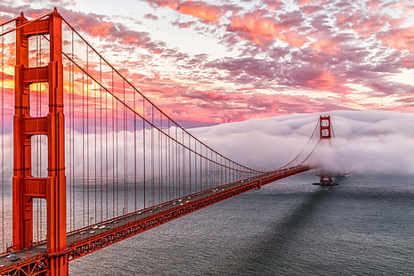 Golden Gate, California, Golden Gate Bridge, puente, arquitectura, nubes, mar, puesta de sol, San Francisco, California, Fondo de pantalla HD HD wallpaper
