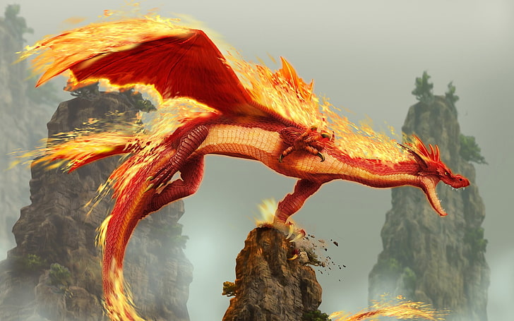 red dragon illustration, dragon, fire, mouth, mountain, HD wallpaper