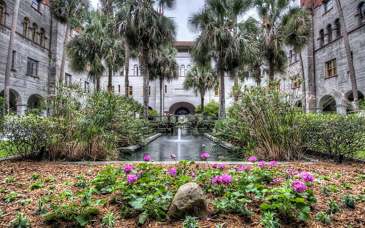 Lightner Museum St. Augustine Florida Hdr, trees, museum, fountain, garden, pool, nature and landscapes, HD wallpaper