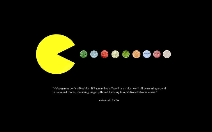 Лого за приложение на играта Pac-Man, Pacman, видео игри, цитат, хапчета, минимализъм, черен фон, HD тапет