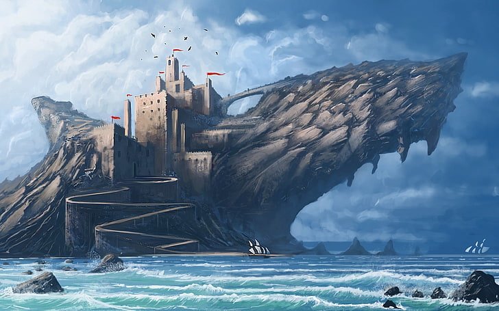 dragon castle digital wallpaper, digital art, fantasy art, nature, water, rock, castle, shark, sea, sailing ship, waves, flag, clouds, birds, HD wallpaper