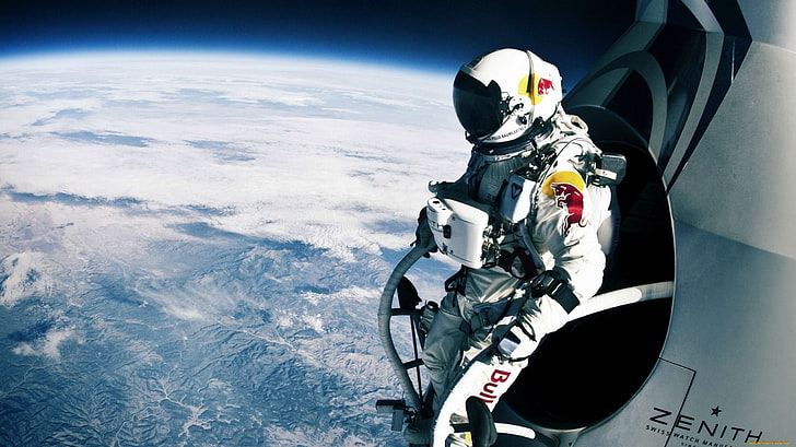 Zenith astronaut wallpaper, parachutes, Felix Baumgartner, space, spacesuit, Red Bull, HD wallpaper