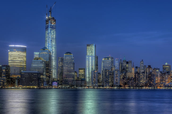 ワンワールドトレードセンター、高層ビル、ワンワールドトレードセンター、ニューヨーク市、ドムタワー、マンハッタン、1 WTC、NYC、1ワールドトレードセンター、ドムタワー、ニューヨークの建物、都市のナイトライフ、 HDデスクトップの壁紙