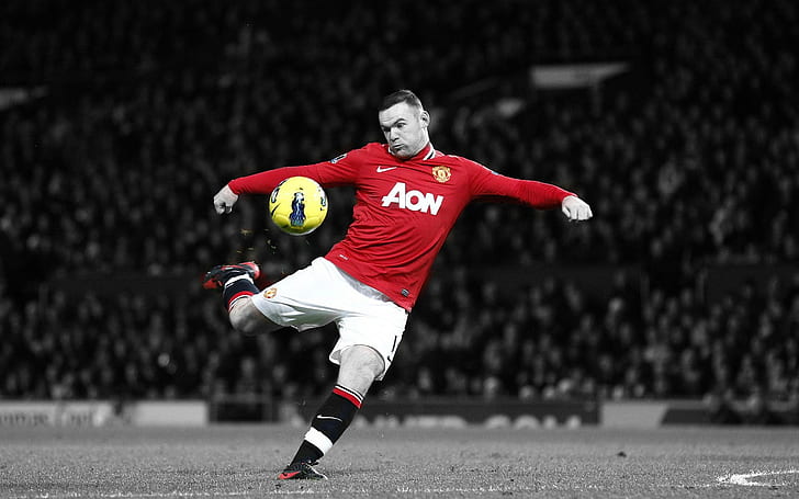 selective coloring, Wayne Rooney, soccer, soccer ball, men, HD wallpaper