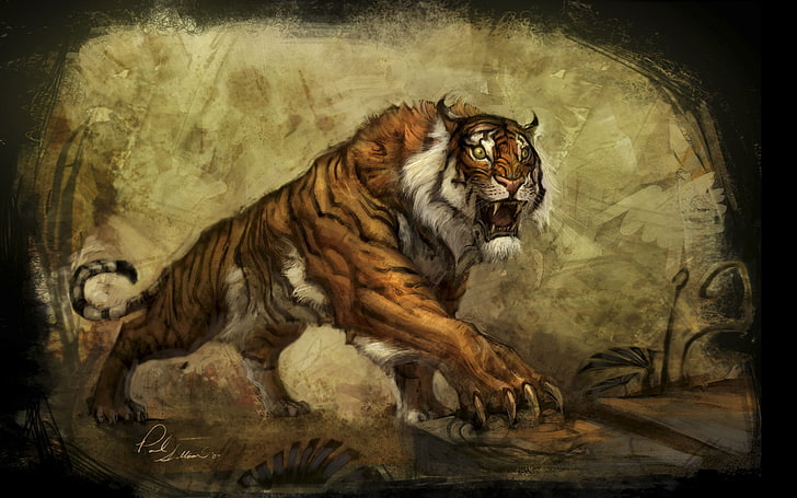 painting of tiger, tiger, the world, plant, art, the concept, claws, underworld, tombs, the raider, Croft, Lara, raider, tomb, underground, HD wallpaper