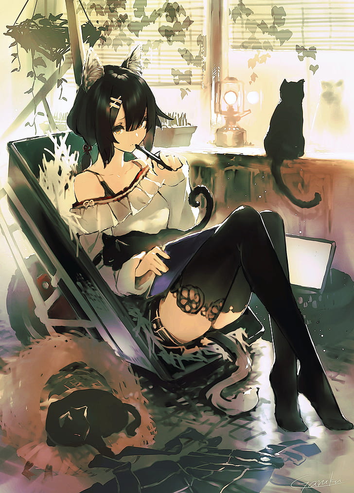 anime, anime girls, legs, sitting, stockings, tail, cat, HD wallpaper