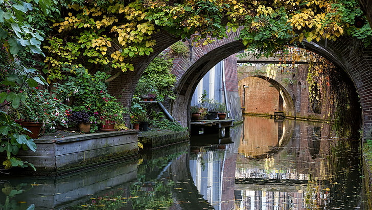Brücke, Fluss, Kanal, Reflexion, Wasserstraße, Wasser, Natur, Utrecht, Niederlande, Baum, Pflanze, Flora, HD-Hintergrundbild
