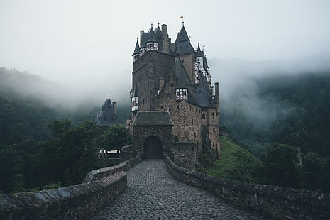 brunt och svart slott, slott, Eltz slott, träd, Tyskland, skog, tegel, torn, dimma, kullar, morgon, kullersten, stenar, landskap, natur, HD tapet HD wallpaper