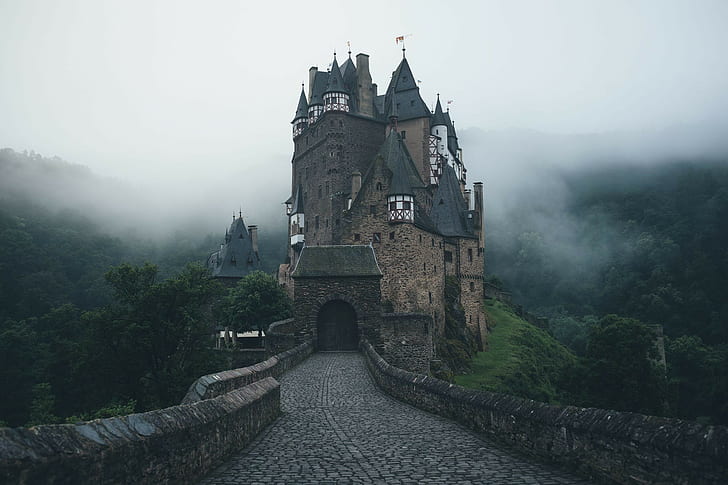 дървета, гора, хълмове, замъкът Елц, мъгла, кула, камъни, Германия, тухли, сутрин, природа, замък, павета, пейзаж, HD тапет