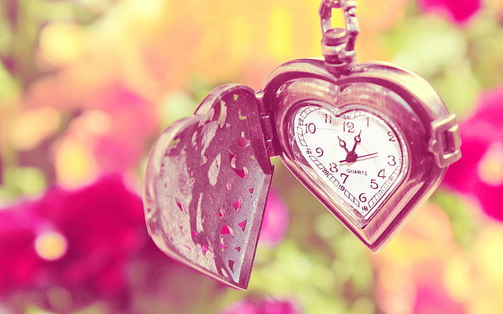 gold-colored heart pocket watch, flowers, summer, watch, chain, heart, HD wallpaper