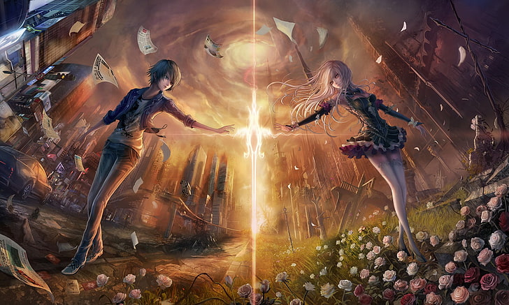 мальчик и девочка аниме персонаж цифровые обои, аниме, аниме девушки, платье, меч, оружие, оригинальные персонажи, HD обои
