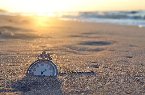 silver-colored pocket watch, sand, sea, beach, the sun, nature, time, river, background, Wallpaper, watch, widescreen, full screen, HD wallpapers, HD wallpaper HD wallpaper