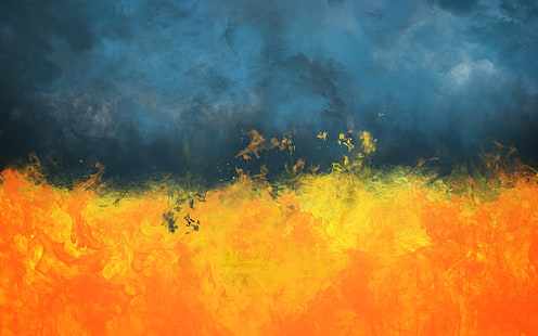 orange and blue abstract painting, fire, abstract, painting, smoke, Ukraine, HD wallpaper HD wallpaper