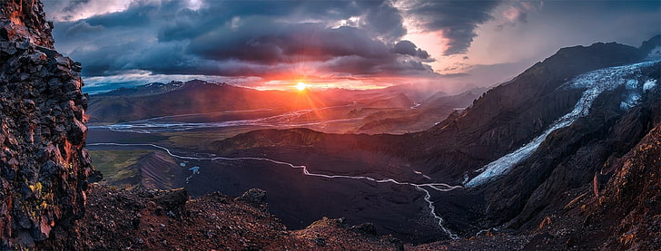 mountain and river, nature, mountains, landscape, river, Max Rive, sunset, HD wallpaper