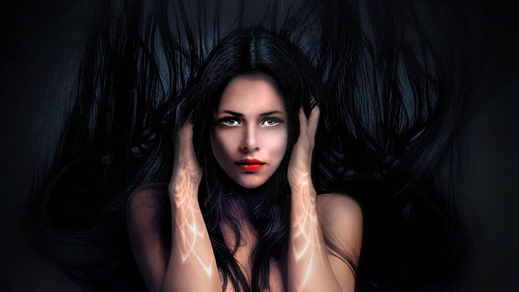 mujer con ilustración de cabello negro, arte de fantasía, Fondo de pantalla HD