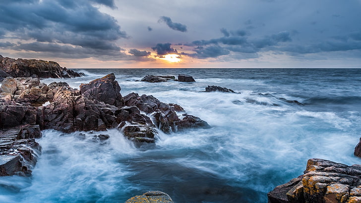 rocce sull'oceano blu wallpaper, natura, mare, tramonto, roccia, lunga esposizione, nuvole, paesaggio, acqua, costa, cielo, orizzonte, Sfondo HD