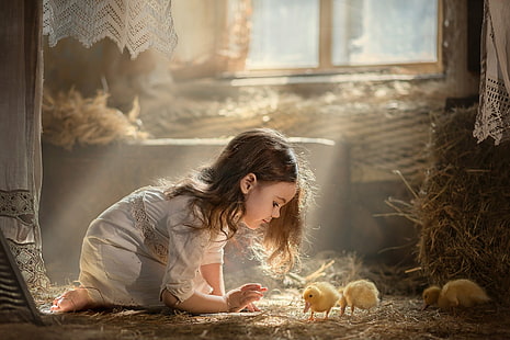 Photography, Child, Baby Animal, Chick, Girl, Little Girl, Sunbeam, HD wallpaper HD wallpaper