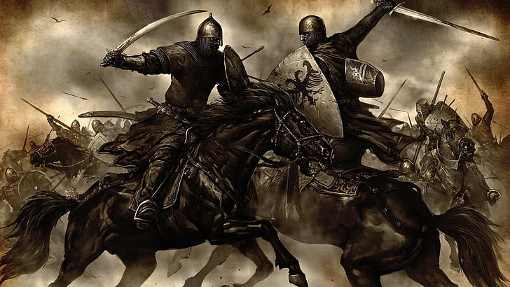 deux chevaliers sur l'illustration des chevaux, art fantastique, chevalier, monture et lame, Fond d'écran HD