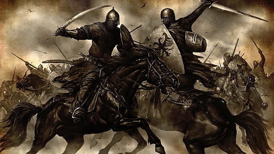 двама рицари на коне илюстрация, фентъзи изкуство, рицар, планина и острие, HD тапет HD wallpaper