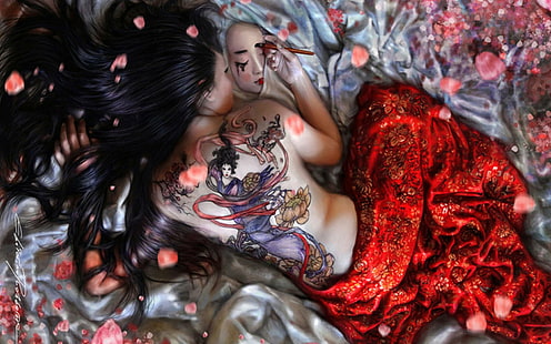 artwork, women, tattoo, fantasy girl, face, back, fantasy art, HD wallpaper HD wallpaper