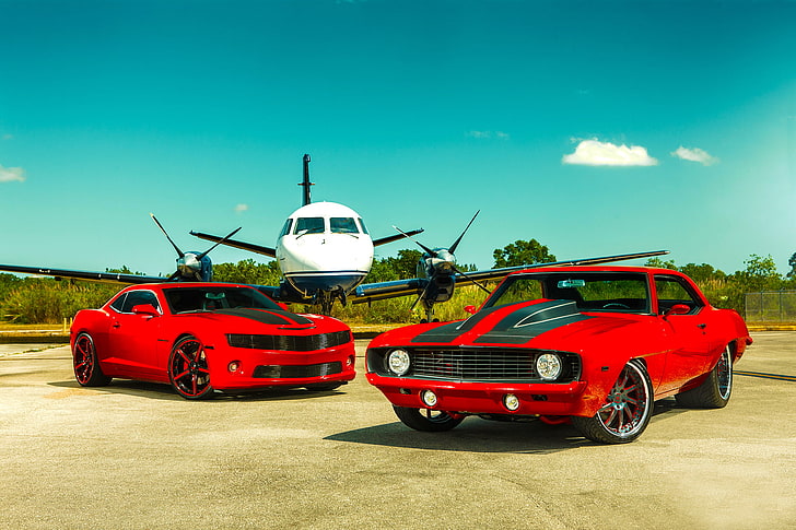 два червени спортни автомобила, Chevrolet, 1969, Camaro, Red, Маями, 2011, Tuning, Heat, SS Customs, HD тапет