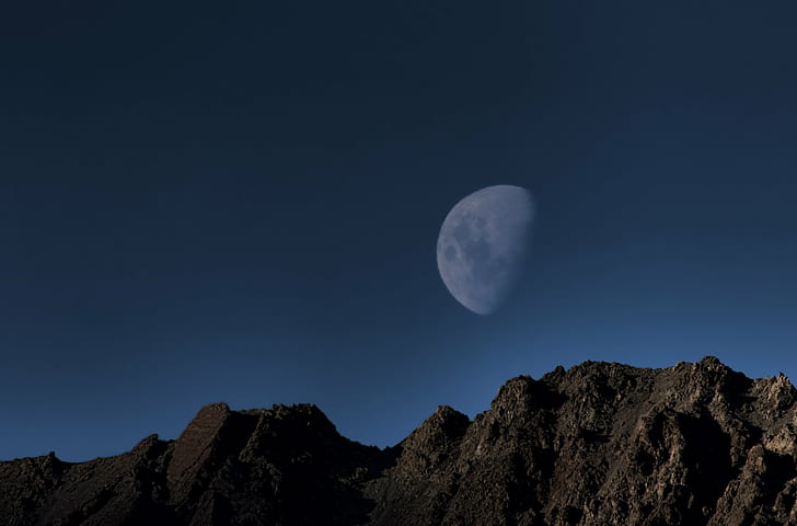 gray rocky mountain during night time, Moonrise, rocky mountain, night time, New Zealand, mountains, Mount Cook, Aoraki, moon, evening, outdoor, Southern Alps, South Island, ngc, astronomy, moon Surface, nature, sky, moonlight, night, full Moon, planetary Moon, star - Space, mountain, space, planet - Space, blue, HD wallpaper