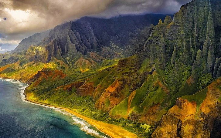 doğa, peyzaj, havadan görünümü, dağlar, plaj, deniz, uçurum, bulutlar, sahil, ada, Kauai, Hawaii, HD masaüstü duvar kağıdı