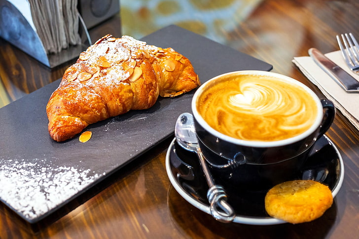 bread and latte, breakfast, food, coffee, croissants, HD wallpaper