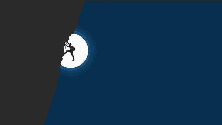 person climbing distance with moon illustration, mountain, 4k, 5k wallpaper, climber, android wallpaper, flat, HD wallpaper