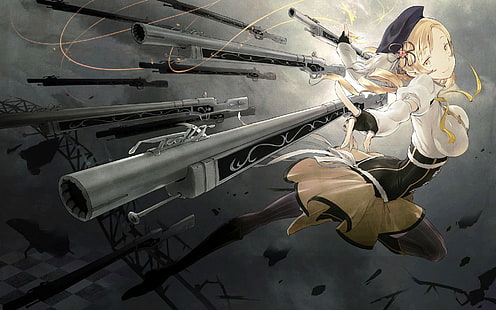 อะนิเมะ, ปืน, สาวการ์ตูน, Mahou Shoujo Madoka Magica, Tomoe Mami, วอลล์เปเปอร์ HD HD wallpaper