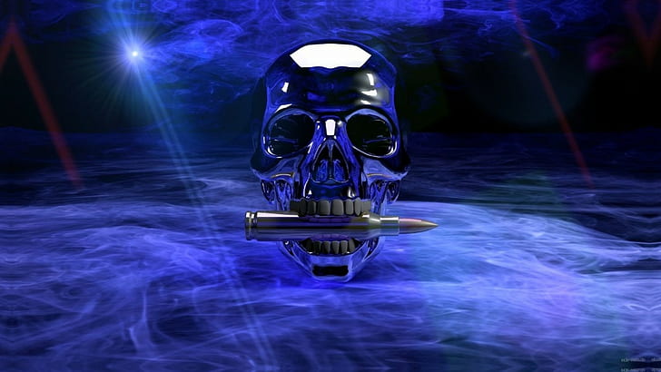 cráneo, bala, metal, azul, hueso, humo, obra de arte cg, muerte, Fondo de pantalla HD