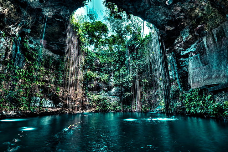 lake, landscape, nature, water, cave, rock, cenotes, trees, HD wallpaper