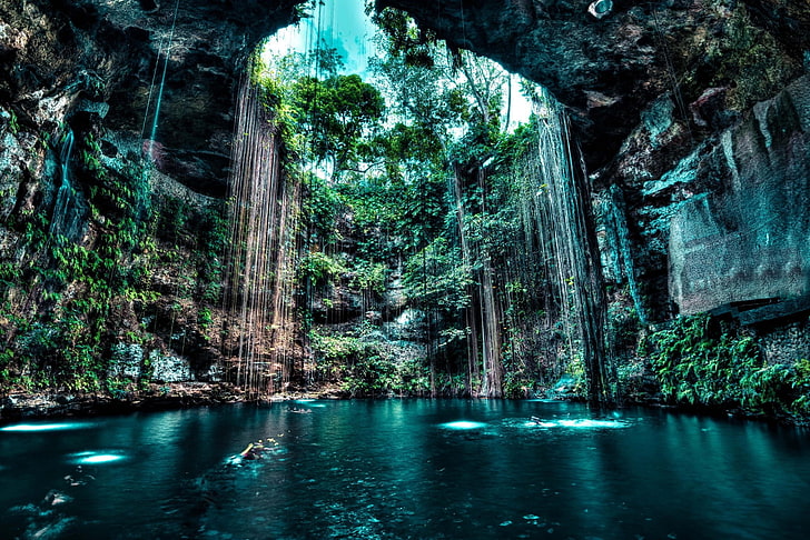 piscine souterraine, nature, paysage, cenotes, grotte, lac, rocher, eau, arbres, Fond d'écran HD