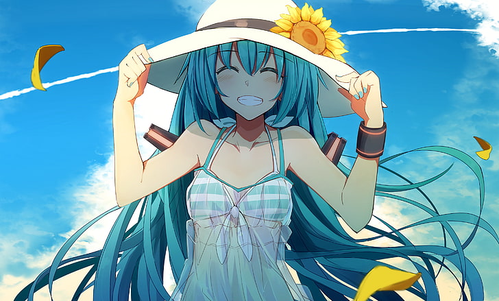 Hatsune miku, sunflower, summer, dress, big smile, vocaloid, Anime, HD  wallpaper | Wallpaperbetter