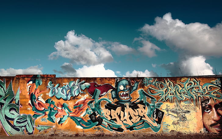 Graffiti Wall, teal brown and white wall graffiti, animation, drawings, HD wallpaper