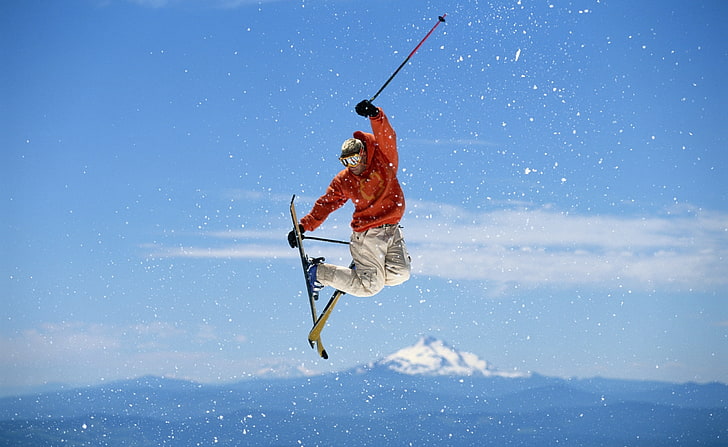 Ski Freestyle, pomarańczowa kurtka i białe spodnie śnieżne, sport, narciarstwo, styl, Tapety HD