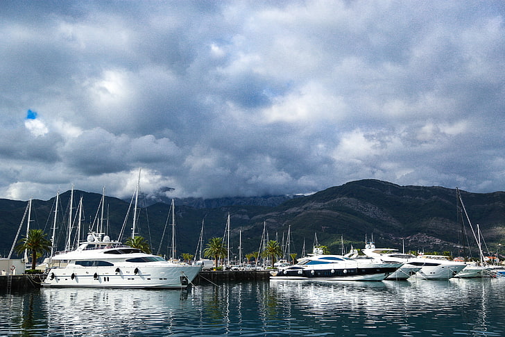 paisaje, naturaleza, mar, barco, colinas, Fondo de pantalla HD
