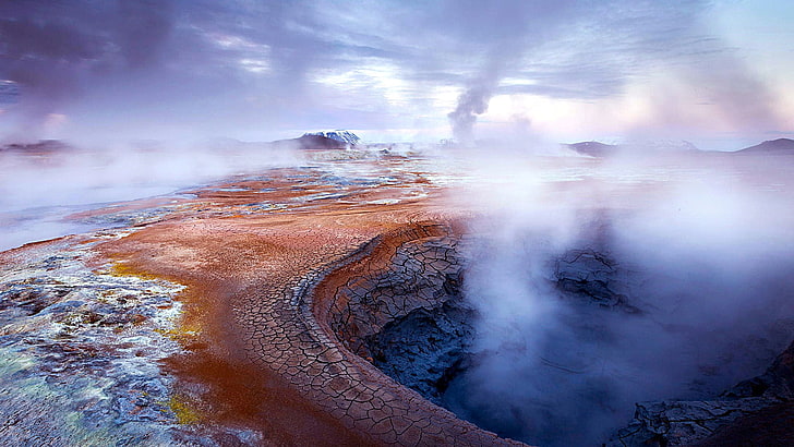 gejzer, zjawisko geologiczne, geotermalne, niebo, geologia, chmura, góra, Islandia, woda, krajobraz, świt, Tapety HD