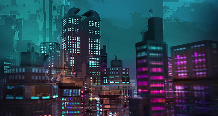 microwave, ungu, merah muda, biru, cityscape, gedung pencakar langit, gaya Retro, Wallpaper HD