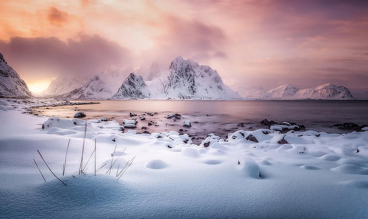 nature, landscape, winter, mountains, snow, sunlight, clouds, fjord, frost, Lofoten Islands, Norway, HD wallpaper