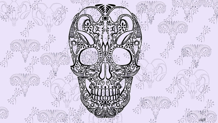 white and black calavera skull digital wallpaper, artwork, skull, digital art, pattern, white, HD wallpaper