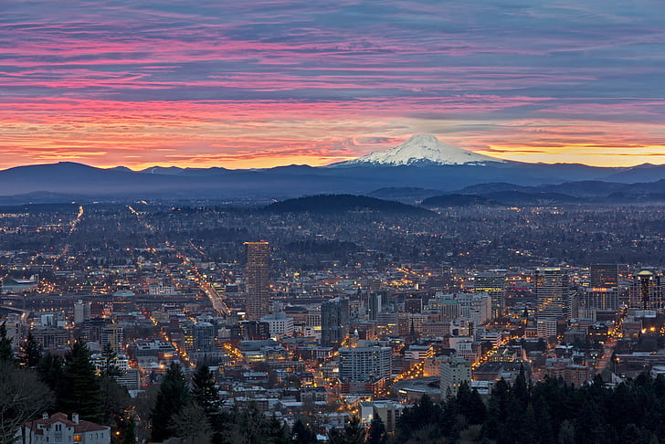 Портленд, Орегон, иллюстрация города, s, восход солнца, Орегон, Портленд, HD обои