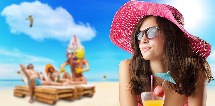 women's pink sun hat, girl, summer, beach, party, hat, pink, beautiful, cocktail, travel, HD wallpaper