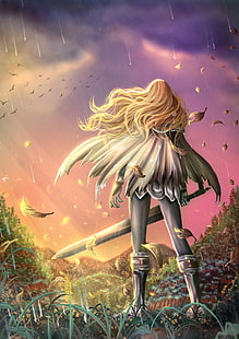 Claymore (anime), gadis anime, rambut panjang, 2D, vertikal, wanita dengan pedang, paha, rambut pirang, baju besi, Teresa (Claymore), hutan, seni kipas, Wallpaper HD HD wallpaper