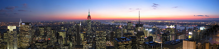cityscape digital wallpaper, Sunset, The sky, Clouds, The evening, New York, Lights, The city, Manhattan, Skyscrapers, Building, USA, Megapolis, New York City, Wallpapers, Empire State Building, Multi Monitors, Business Center, The Empire State Building, Panorama, HD wallpaper