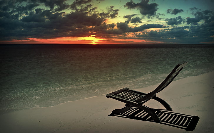 brown lounge chair, decline, beach, chair, shadow, sand, sun, sky, HD wallpaper